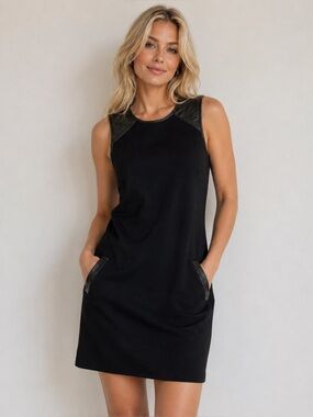 Stunning Banana Republic black dress with gold zipper and leather detail